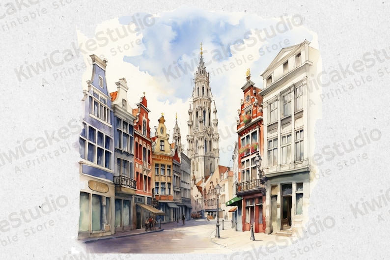 May include: Watercolor painting of a European city street scene with tall buildings and a church steeple in the background. The buildings are painted in shades of yellow, red, and blue. The street is empty and the sky is blue with white clouds.