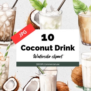 Imágenes prediseñadas de bebida de coco de acuarela, 10 JPG de alta calidad, bebidas de cóctel de verano tropical, uso comercial, vacaciones en Hawái, creación de tarjetas