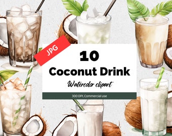 Watercolor coconut drink clipart, 10 High quality JPGs, Tropical summer cocktail drinks, Commercial use, Hawaii vacation, Card making