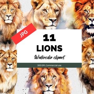 Imágenes prediseñadas de leones de acuarela, JPG de león de alta calidad, paquete de imágenes prediseñadas de animales de Safari, diario basura, papel digital, planificador artesanal, uso comercial