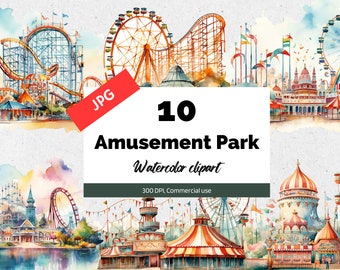 Watercolor amusement park clipart, 10 High quality JPGs, Attraction park, Roller coaster, Summer vacation, Commercial use, Scrapbook images