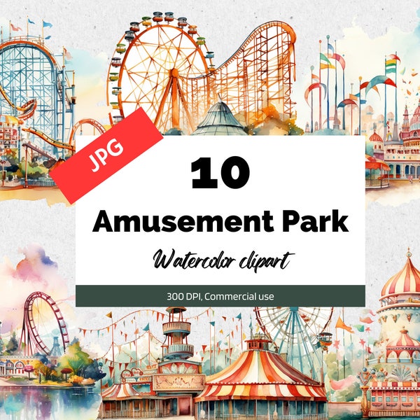 Watercolor amusement park clipart, 10 High quality JPGs, Attraction park, Roller coaster, Summer vacation, Commercial use, Scrapbook images