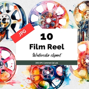 Akwarela film reel clipart, 10 wysokiej jakości JPG, Komercyjne zastosowanie, Natychmiastowe pobieranie, Tworzenie kartek, filmy, film, gwiazdy filmowe, rozrywka