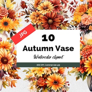 Imágenes prediseñadas de jarrón de otoño de acuarela, 10 JPG de alta calidad, uso comercial, descarga instantánea, gráficos florales, flores de otoño, flores de otoño, artes