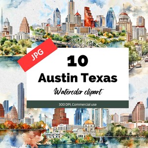 Clipart de aquarela Austin Texas, 10 JPG de alta qualidade, uso comercial, download instantâneo, uso comercial, Estados Unidos, viagens, férias, EUA