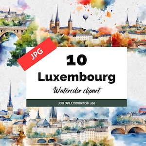 Clipart de aquarela Luxemburgo, 10 JPG de alta qualidade, uso comercial, download instantâneo, viagens, férias, feriados, viagem à Europa, cartão de felicitações