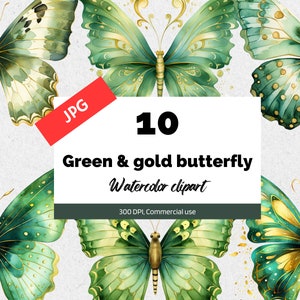 Clipart papillon vert et or, 10 JPG de haute qualité, Papillons verts, Utilisation commerciale, Téléchargement instantané, Fabrication de cartes, Aquarelle fantastique
