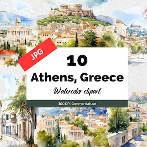 Acuarela Atenas Grecia clipart, 10 JPG de alta calidad, Uso comercial, Descarga instantánea, Griego, Ciudad, Pueblo, Pueblo, Álbum de recortes, Fabricación de tarjetas
