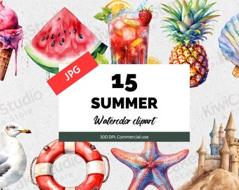 Watercolor Summer Clipart JPG, Commercial license, Instant Download, Summer holiday clip art, Sun, Beach, ice cream, lawn chair, watermelon