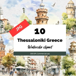 Clipart Thessalonique, Grèce, 10 fichiers JPG de haute qualité, usage commercial, téléchargement immédiat, fabrication de cartes, grec, villes, vacances d'été, vacances
