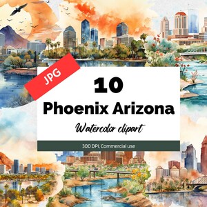 Aquarell Phoenix Arizona Clipart, 10 hochwertige JPGs, kommerzielle Nutzung, Sofort-Download, Postkartenherstellung, Reise, Urlaub, USA, Amerika
