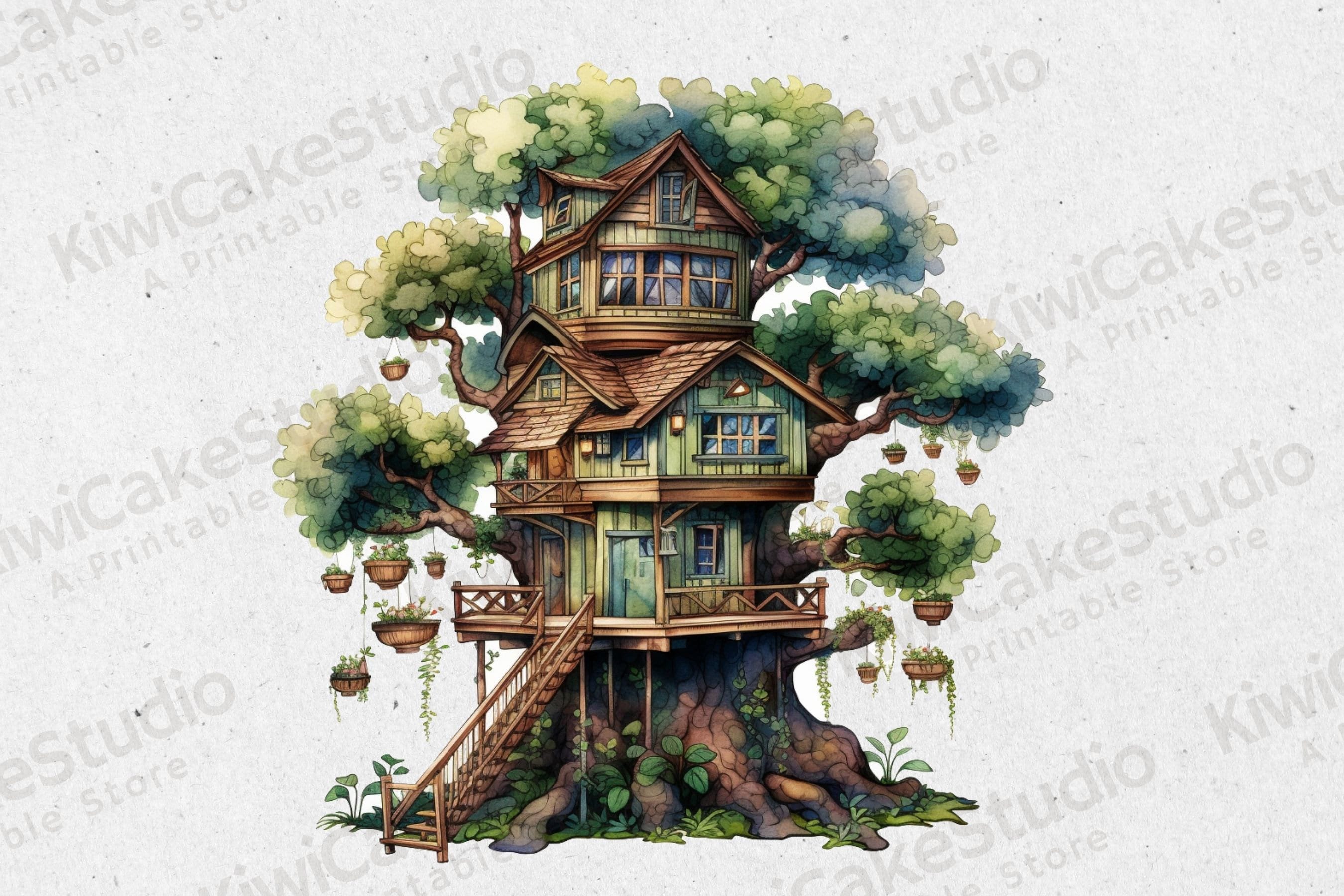 Watermark Treehouse Watercolor Treehouse Clipart, 10 High Quality Jpgs, Commercial Use ...
