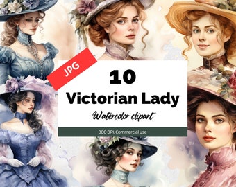 Watercolor Victorian lady clipart, 10 High quality JPGs, Commercial use, Instant download, Victorian era, 18th century, Digital paper craft