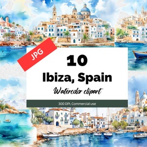 Clipart aquarela Ibiza Espanha, 10 JPGs de alta qualidade, uso comercial, download instantâneo, cartões comemorativos, criação de cartões, cartão postal, férias