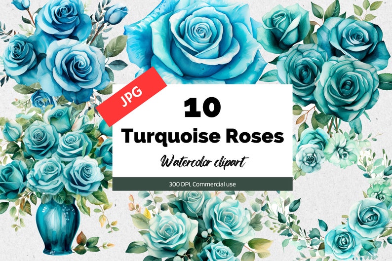 Turquoise Blue Roses Images Watercolor Turquoise Roses Clipart, 10 High Quality Jpgs, Blue Roses ...