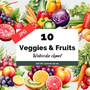 Verdure ad acquerello e clipart di frutta, 10 JPG di alta qualità, Verdure, Frutta, Vita sana, Grafica estiva, Uso commerciale, Scrapbook