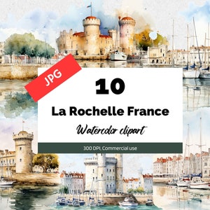 La Rochelle France clipart, 10 JPG de alta qualidade, uso comercial, download instantâneo, cidade francesa, viagens, férias, paisagem urbana, criação de cartões