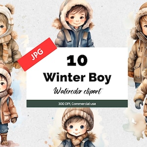 Winter kleiner Junge Clipart, 10 Hochwertige JPGs, Kommerzielle Nutzung, Sofortiger Download, Niedliche Kinder, Winter Grafiken, Weihnachten, Schnee, Es schneit