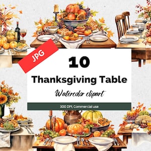 Thanksgiving table clipart, 10 High quality JPGs, Commercial use, Instant download, Thanksgiving food, Turkey, Pumpkins, Card making, Floral