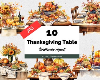 Thanksgiving table clipart, 10 High quality JPGs, Commercial use, Instant download, Thanksgiving food, Turkey, Pumpkins, Card making, Floral
