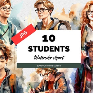 Watercolor students clipart, 10 High quality JPGs, Commercial use, Instant download, Back to school, Middle school, Elementary, Highschool