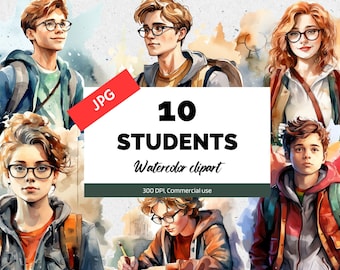 Watercolor students clipart, 10 High quality JPGs, Commercial use, Instant download, Back to school, Middle school, Elementary, Highschool