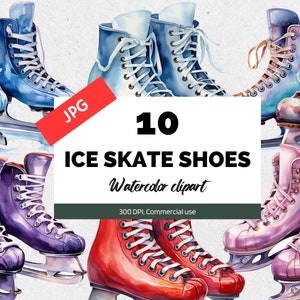 Watercolor ice skate shoes clipart, 10 High quality JPGs, Commercial use, Instant download, Winter graphics, Winter sports, Figure skating