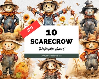 Può includere: Dieci illustrazioni ad acquerello di spaventapasseri in varie pose. Gli spaventapasseri indossano salopette, cappelli e sciarpe. Sono circondati da girasoli, zucche e steli di mais. Il testo "10 SCARECROW Watercolor clipart" è visualizzato su uno sfondo bianco.