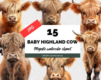 Baby Highland cow clipart, 15 High quality JPGs, Cow wall art, Nursery wall art, Watercolor baby animals, commercial use, Instant download