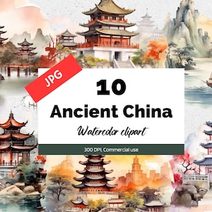 Imágenes prediseñadas de acuarela de China antigua, 10 JPG de alta calidad, uso comercial, descarga instantánea, imágenes prediseñadas chinas, cultura asiática, arte de viaje de Asia