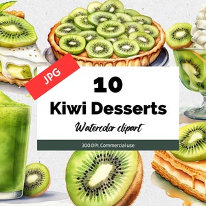 Watercolor kiwi desserts clipart, 10 High quality JPGs, Commercial use, Instant download, Pie, Juice, Kiwi cake, Sundae, Summer gardens