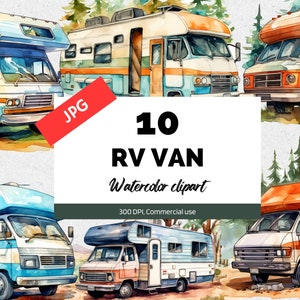 Watercolor RV van clipart, 10 High quality JPGs, Commercial use, Instant download, Camping, Adventure, Camper, Summer clip art, Camper vans