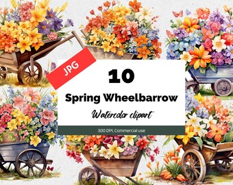 Spring wheelbarrow clipart, 10 High quality JPGs, Commercial use, Instant download, Card making, flower, flowers, springtime, garden, nature