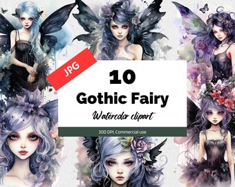 Watercolor gothic fairy clipart, 10 High quality JPGs, Commercial use, Instant download, Fantasy gothic girl, Halloween graphics, Fairies