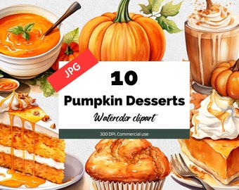 Watercolor pumpkin desserts clipart, 10 High quality JPGs, Commercial use, Instant download, Pumpkin pies, Cake, soup, Pumpkin spice latte