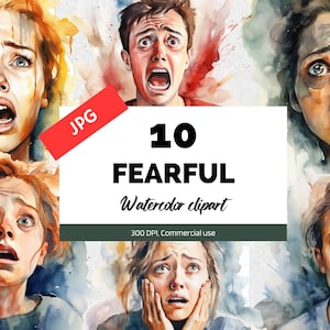 Akwarela przestraszona osoba clipart, 10 Wysokiej jakości JPG, Użytek komercyjny, Halloween, Strach, Przestraszony, Straszny, Upiorny, Trauma, PTSD, Przemoc domowa