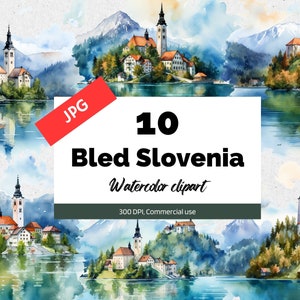 Può includere: Un set di 10 immagini clipart ad acquerello che rappresentano il pittoresco lago di Bled in Slovenia. Le immagini mostrano la chiesa iconica dell'isola con i suoi edifici circostanti, la vegetazione lussureggiante e le montagne innevate sullo sfondo. Il testo "10 Bled Slovenia Clipart ad acquerello 300 DPI, Uso commerciale" è visualizzato su uno sfondo bianco.