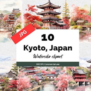 Aquarela Kyoto, clipart do Japão, 10 JPGs de alta qualidade, uso comercial, download instantâneo, viagens na Ásia, viagens, cartões comemorativos, criação de cartões