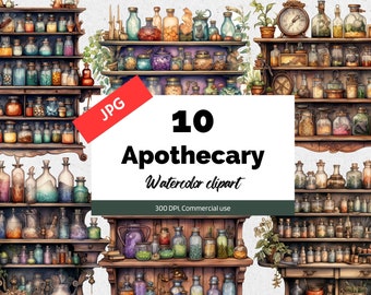 Imágenes prediseñadas de boticario de acuarela, 10 JPG de alta calidad, Uso comercial, Descarga instantánea, Pociones mágicas de fantasía, Bruja, Mago, Halloween