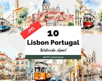 Watercolor Lisbon Portugal Clipart, 10 High quality JPGs, Commercial use, Instant download, Greeting card making craft, Travel postcard