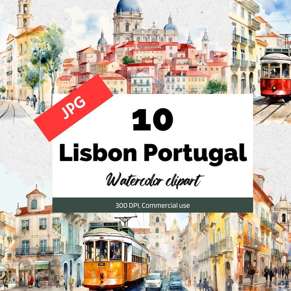 Aquarelle Lisbonne Portugal Clipart, 10 JPG de haute qualité, Utilisation commerciale, Téléchargement instantané, Artisanat de fabrication de cartes de vœux, Carte postale de voyage