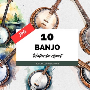 Clipart banjo aquarelle, 10 JPG de haute qualité, Utilisation commerciale, Téléchargement instantané, Clip art musical, Instrument, Musicien, Art de la musique country
