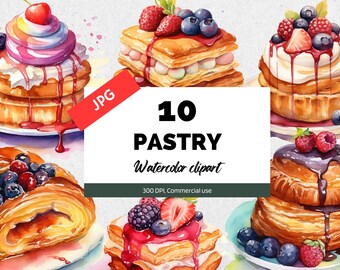 Watercolor pastry clipart, 10 High quality JPGs, Commercial use, Instant download, Bakery clip art, Food, Chocolate, Breakfast cliparts