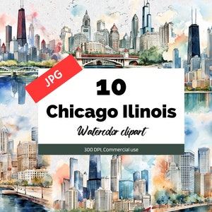 Aquarela Chicago Illinois clipart, 10 JPGs de alta qualidade, uso comercial, download instantâneo, paisagem urbana, horizonte da cidade, América, americano, arte