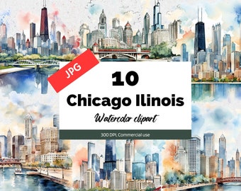 Imágenes prediseñadas de acuarela de Chicago Illinois, 10 JPG de alta calidad, uso comercial, descarga instantánea, paisaje urbano, horizonte de la ciudad, América, americano, arte