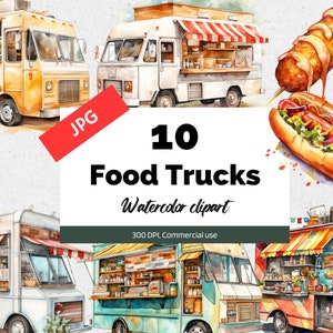 Watercolor food truck clipart, 10 High quality JPGs, Commercial use, Summer cliparts, Food cliparts, Hot dog, Hamburger, Corndog, Scrapbook