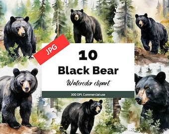 Watercolor black bear clipart,  10 High quality JPGs, Commercial use, Instant download, Wildlife, Wild animal, Bears clip art, Bear graphics