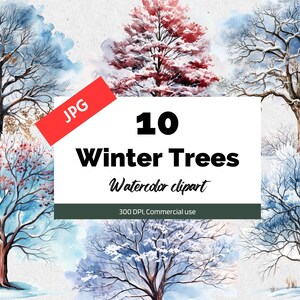 Clipart d'arbre d'hiver aquarelle, 10 JPG de haute qualité, Utilisation commerciale, Téléchargement instantané, Arbres d'hiver, Congelé, Neige, Neigeux, Forêt d'hiver