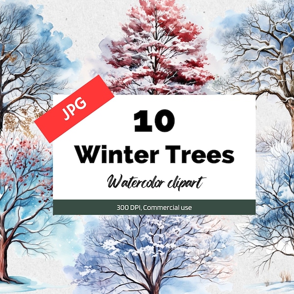 Watercolor winter tree clipart, 10 High quality JPGs, Commercial use, Instant download, Winter trees, Frozen, Snow, Snowy, Winter forest