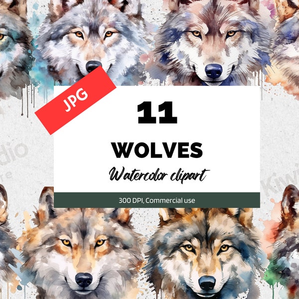 11 Watercolor wolve clipart JPG, Digital paper craft, commercial, instant download, card making, High quality pictures, Invitation cards